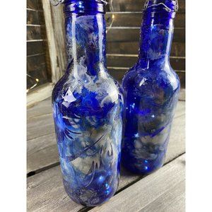 Set Of 2 Blue And Silver Swirl Lighted Bottles With Feather Decals Handmade